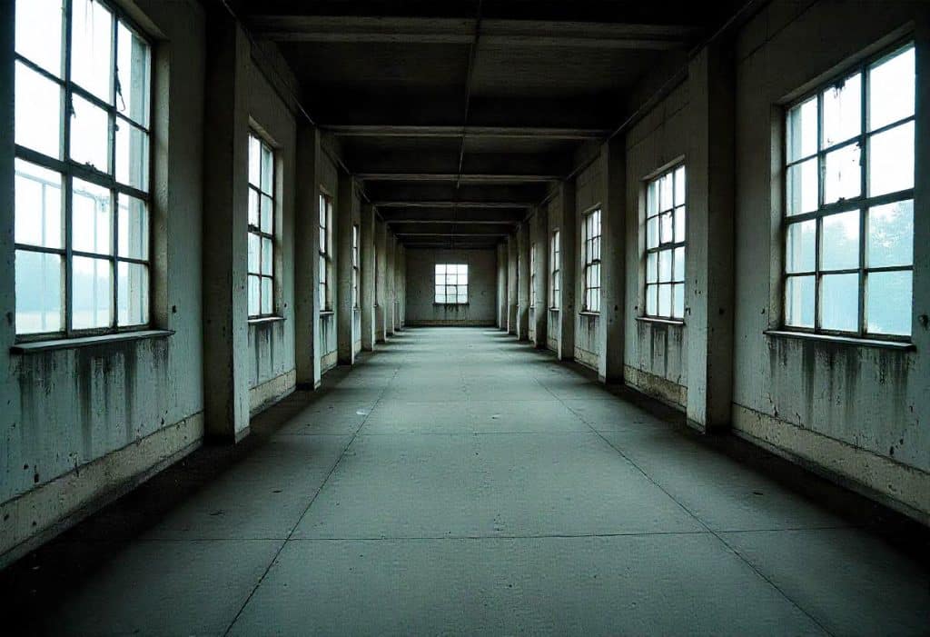 An abandoned industrial building with rows of windows