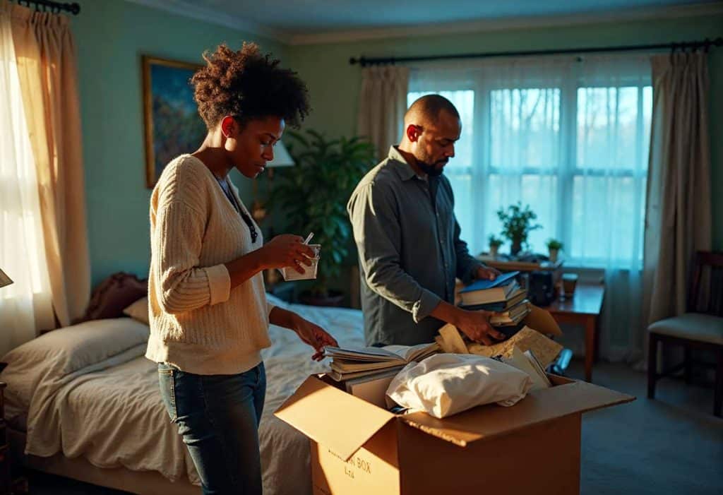 Couple looking through box of items in living room.