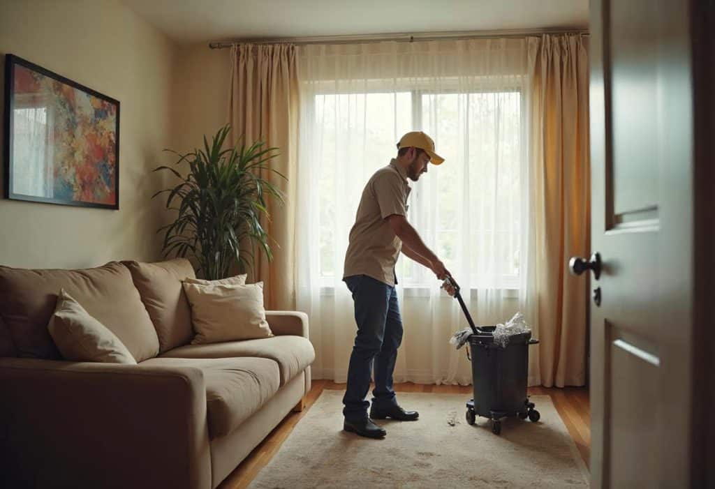 man in work uniform cleaning living room, placing trash into a trash can.