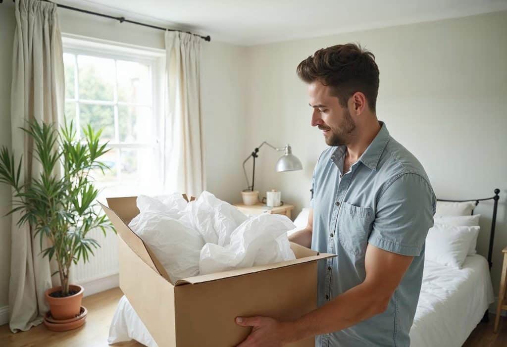 Man holding a box of items in bedroom