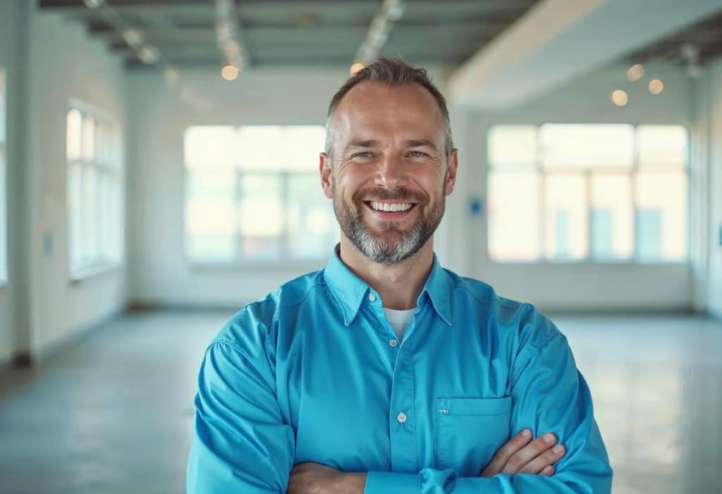 Man standing in front of clean commercial building interior space.