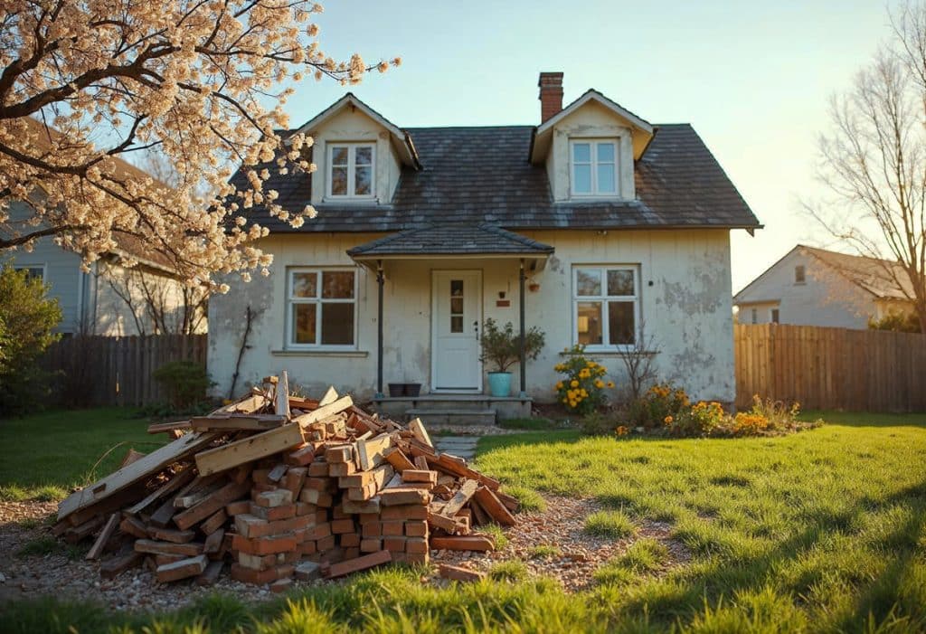 Small pile of construction debris in front of older small residential house during springtime.